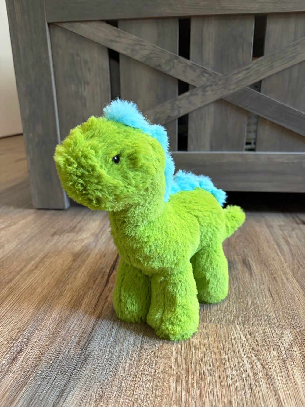 Bright Green Plush Dinosaur with Blue Mane - Soft Cuddly Toy